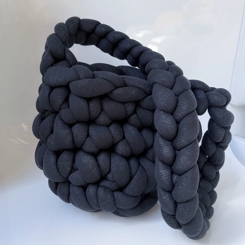 NEW Black Chunky Marshmallow Knit Soft Boho Shoulder Bag Tote Handmade